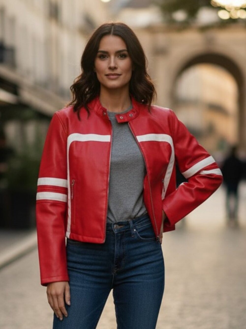 Red Vegan Leather Cropped Racer Jacket Moto Style Size Small